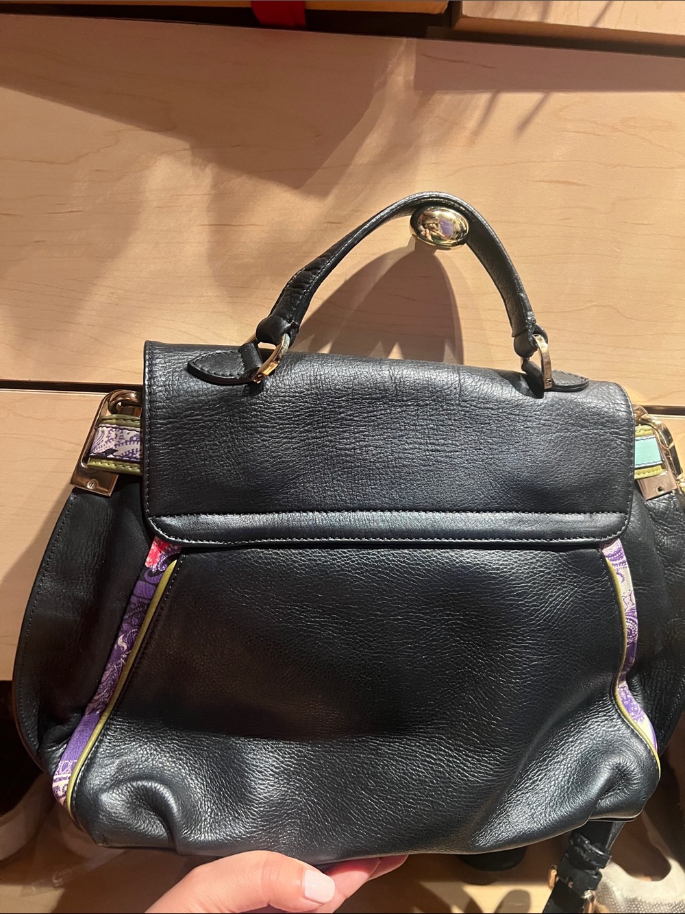 Black Leather Satchel with Patterned Accent Strap - Picture 4 of 17